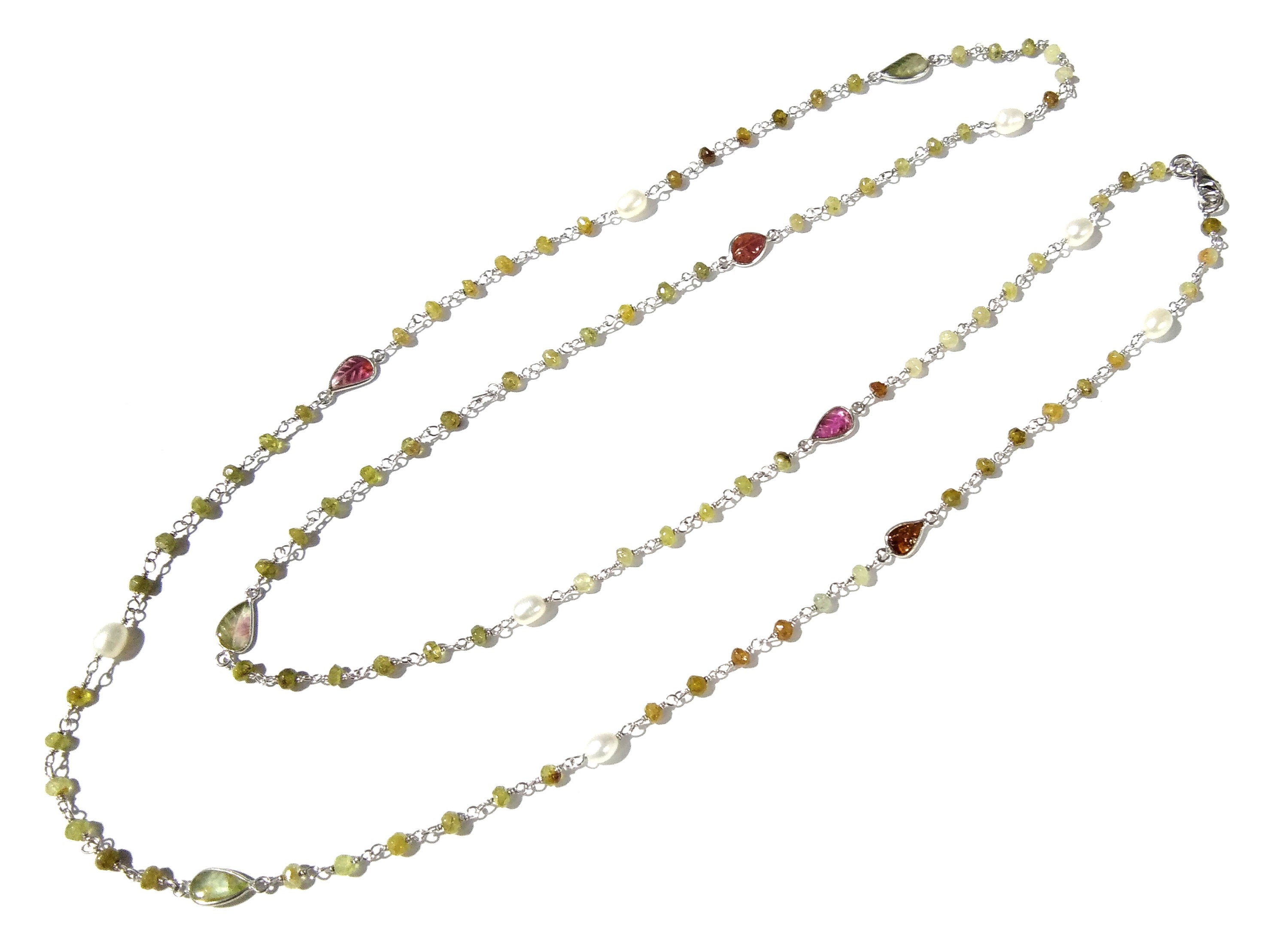 36'' Log Necklace ! Vessonite Necklace With Tourmaline & Pearl, 925 Sterling Silver Jewelry, Handmade Beaded Necklace, Gemstone Necklace.